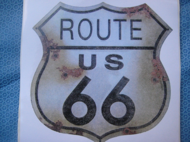 Route 66 Sticker Label Rusty Bullet Holed Large 6x6 Laminated Vintage Style